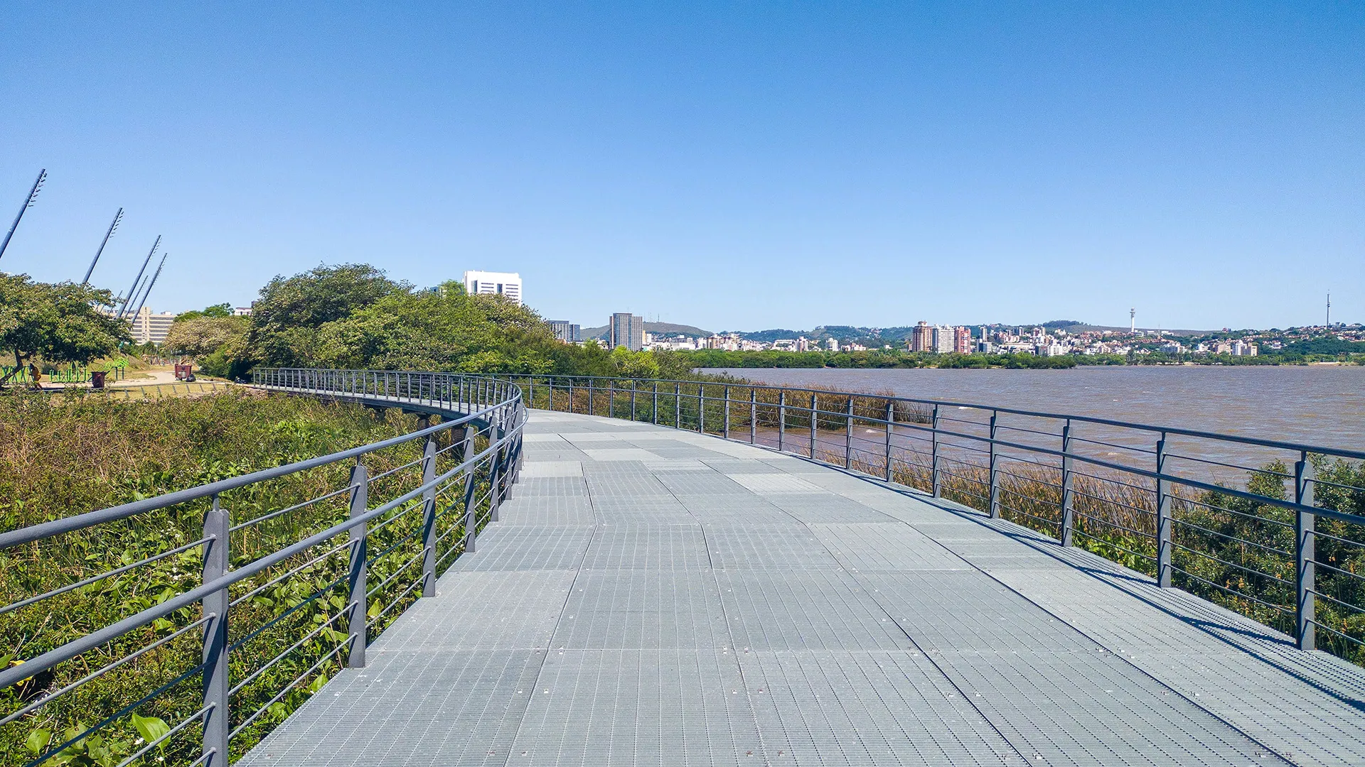 Galvanized steel grating pedestrian walkway in a public park